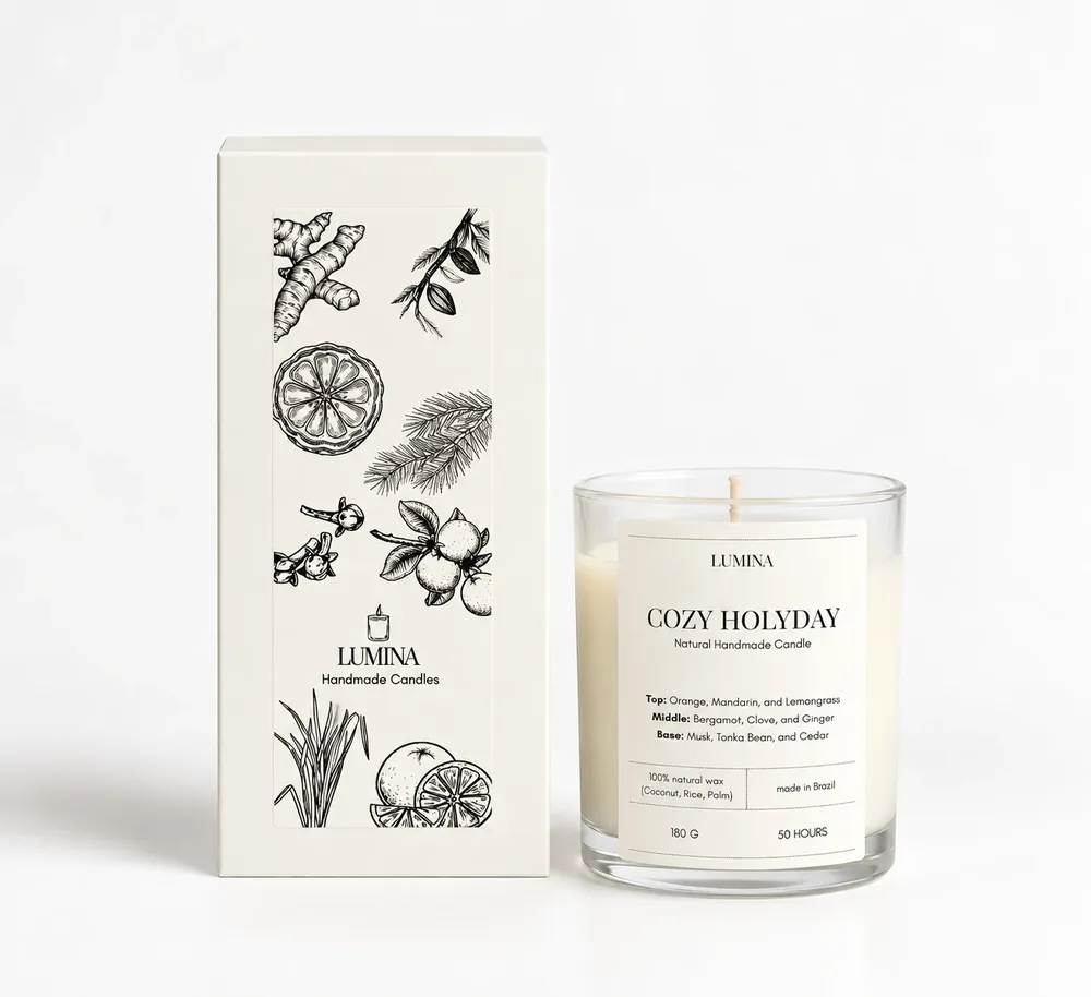 Vela artesanal Cozy Holiday em pote de vidro com caixa