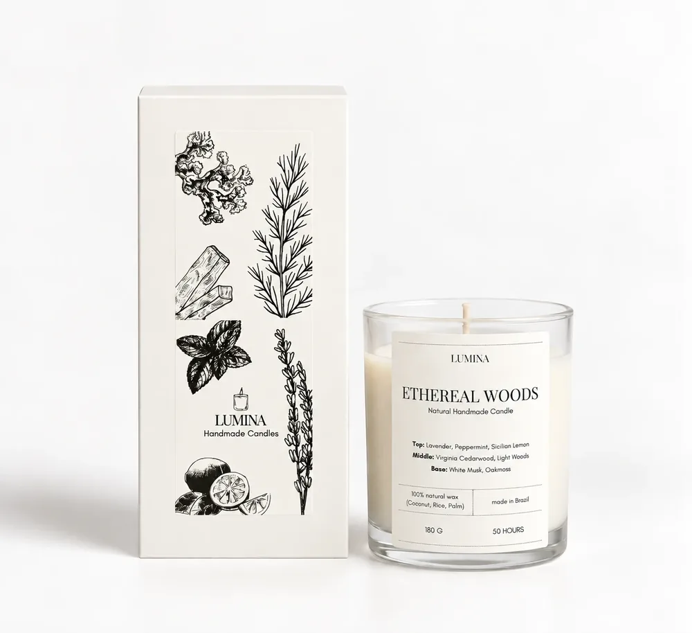 Vela artesanal Ethereal Woods em pote de vidro com caixa
